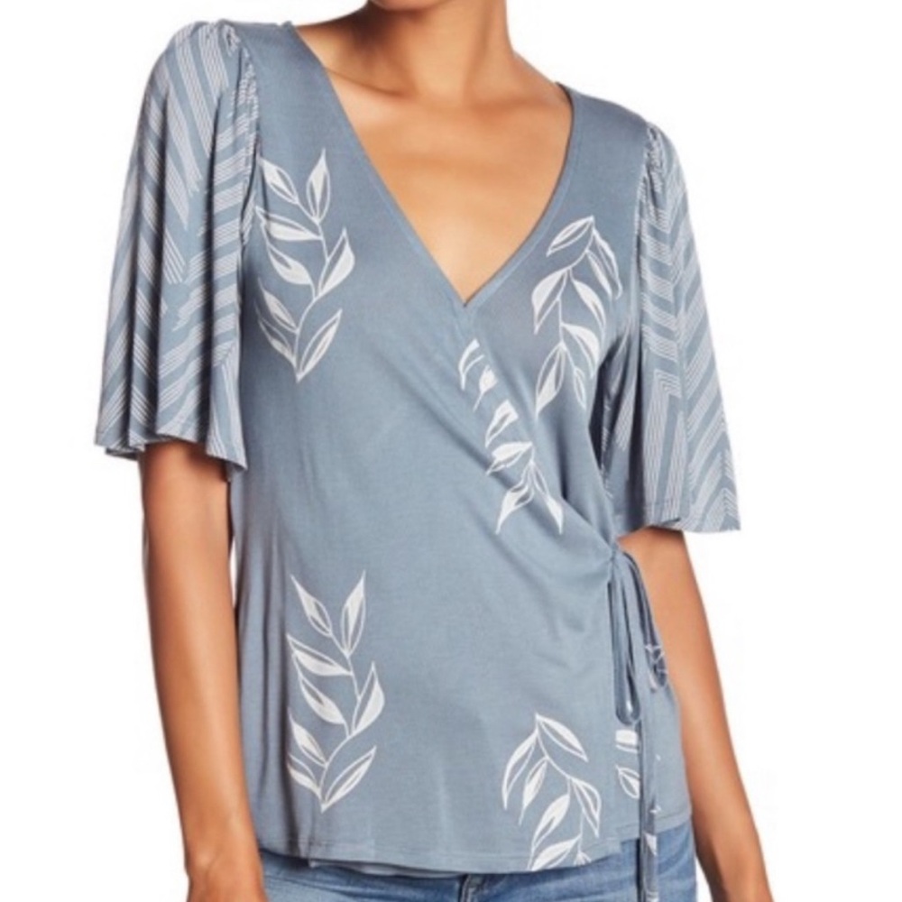 Lucky Brand Blue Leaf Print Wrap Top